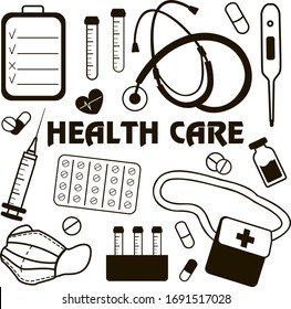 Vector illustrations of health care set with different elements: syringe, stethoscope, capsules, tablets, beakers, medical cap, bag and protective mask. 