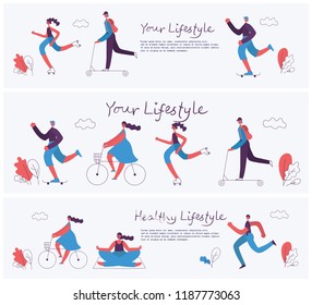 Vector illustrations of Healthy lifestyle. Roller skate, bicycle, walking and yoga sport design elements in flat style