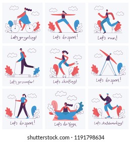 Vector illustrations of Healthy lifestyle. Roller skate, bicycle, walking and skating sport design elements in flat style