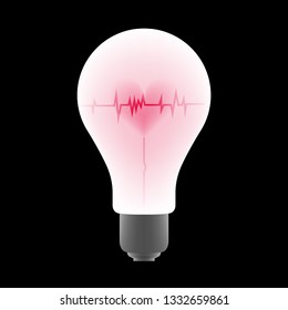 Vector illustrations of heart in a light bulb on black background, EPS 10