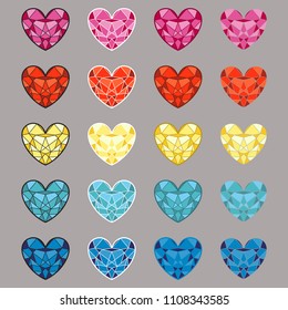 Vector illustrations of hearts in five different colors and various outlines