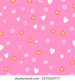 Vector illustrations of hearts and flowers on a pink background for Valentine's Day, card, wallpaper, backdrop, paper design, gift wrap, packaging, love campaign banner, blossom, floral print, fabric