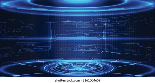 Vector Illustrations Of Hi Tech Blue Futuristic Stage Layout For Product Showcase Game And Advertising Artworks.Digital Future Design Concepts.