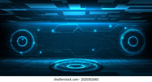 Vector illustrations of high tech digital space stage layout for hi-tech technology showcase.Future tech design concepts.