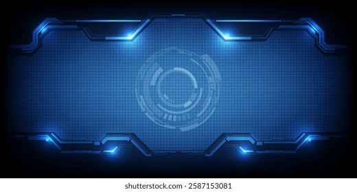 Vector illustrations of high tech panel  and frame with circle head up display on copy space grid.Futuristic design concepts.