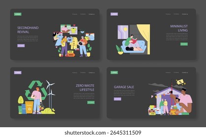 Ilustrações vetoriais destacando a vida sustentável. Representa compras em segunda mão, espaço de leitura minimalista, energia eólica com reciclagem ecológica e uma venda de garagem, promovendo um ambiente sustentável e ecológico