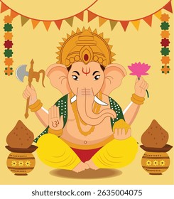 vector illustrations for the Hindu festival of Ganesh Chaturthi. Features festive designs with Lord Ganesha, modaks, diyas, and floral decorations. Ideal for creating Ganesh Chaturthi greeting cards