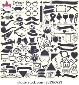  Vector illustrations. Hipster style.  Object collection for all design. Minimal symbols for everyday objects. Pictogram and icons collection. Vintage style objects silhouettes. 