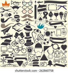 Vector illustrations. Hipster style. Object collection for all design. Minimal symbols for everyday objects. Pictogram and icons collection. Vintage style objects silhouettes.