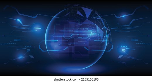 Vector illustrations of hologram earth flying on blue futuristic digital element for advertising and game graphic artwork.