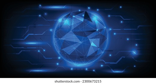 Vector illustrations of hologram hi tech globe floating on futuristic digital circuit line and glowing dots.Future tech and digital tech design concepts.