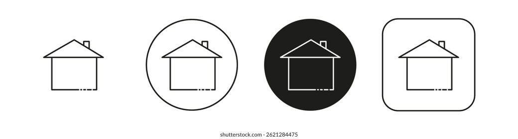 Ilustrações vetoriais de ícones domésticos em diferentes contornos circulares e quadrados, apresentadas em um estilo limpo, minimalista em preto e branco.