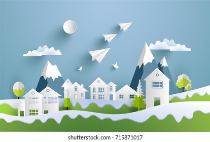 vector illustrations of homes and snow with snowy green hills. design paper and decorative art