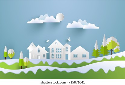 vector illustrations of homes and snow with snowy green hills. design paper and decorative art
