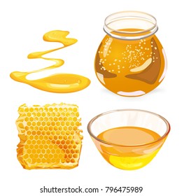 Vector illustrations of honey in honeycombs in jar.