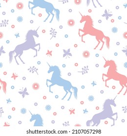 Vector illustrations of horned mycology beautiful unicorn reared up with flowers and butterflies pattern seamless