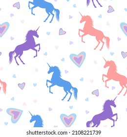 Vector illustrations of horned mycology beautiful unicorn reared up with and hearts pattern seamless