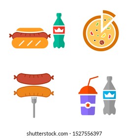 Vector illustrations of hot-dog, pizza, BBQ sausages and beverage isolated on white background. Flat icons for online shop.