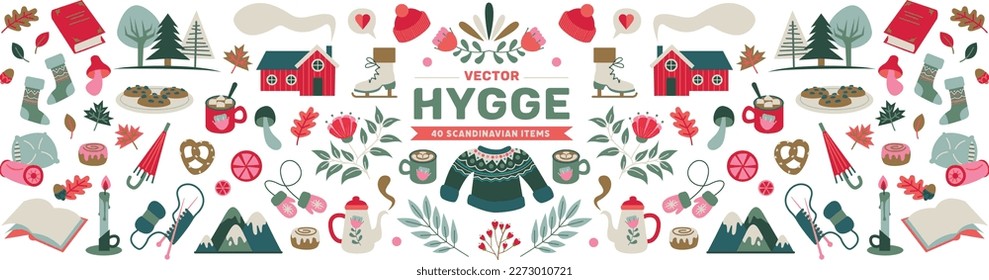 Vector illustrations of hygge mood items. Cozy winter set design elements. Floral ornaments, hot chocolate, pullover, mountains, cinnamon rolls, books. Illustration isolated on a white background