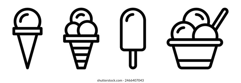 Vector illustrations of ice cream in various forms including cones, popsicle, and cup. Editable stroke.