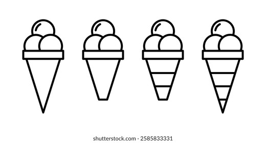 Vector illustrations of ice cream in various forms including cones, popsicle, and cup. Ice cream Icon Set. Ice Cream Vector Icon in line style design.