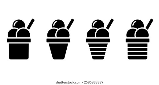Vector illustrations of ice cream in various forms including cones, popsicle, and cup. Ice cream Icon Set. Ice Cream Vector Icon in line style design.