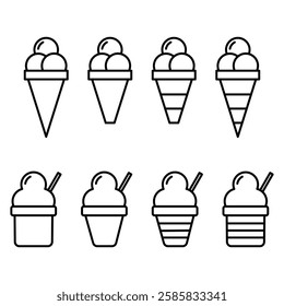 Vector illustrations of ice cream in various forms including cones, popsicle, and cup. Ice cream Icon Set. Ice Cream Vector Icon in line style design.