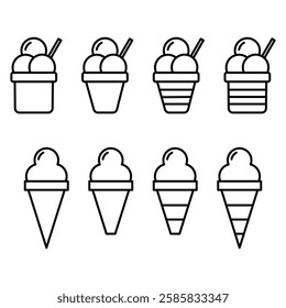Vector illustrations of ice cream in various forms including cones, popsicle, and cup. Ice cream Icon Set. Ice Cream Vector Icon in line style design.