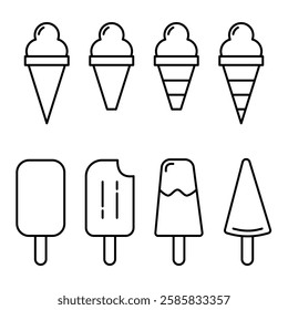 Vector illustrations of ice cream in various forms including cones, popsicle, and cup. Ice cream Icon Set. Ice Cream Vector Icon in line style design.