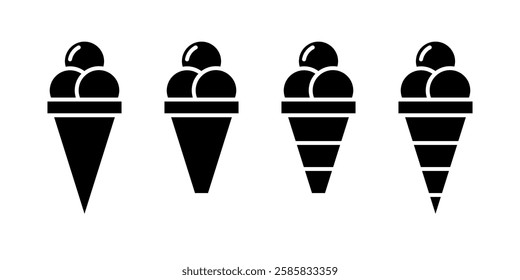 Vector illustrations of ice cream in various forms including cones, popsicle, and cup. Ice cream Icon Set. Ice Cream Vector Icon in line style design.