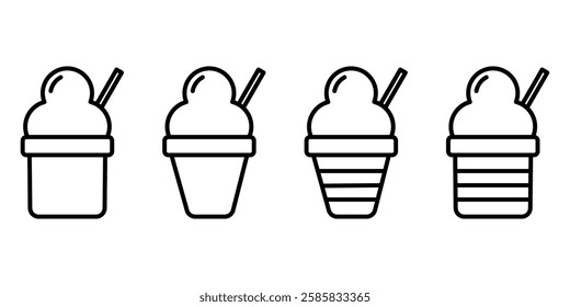 Vector illustrations of ice cream in various forms including cones, popsicle, and cup. Ice cream Icon Set. Ice Cream Vector Icon in line style design.