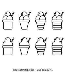 Vector illustrations of ice cream in various forms including cones, popsicle, and cup. Ice cream Icon Set. Ice Cream Vector Icon in line style design.