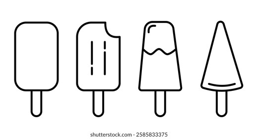 Vector illustrations of ice cream in various forms including cones, popsicle, and cup. Ice cream Icon Set. Ice Cream Vector Icon in line style design.