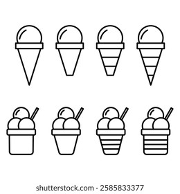Vector illustrations of ice cream in various forms including cones, popsicle, and cup. Ice cream Icon Set. Ice Cream Vector Icon in line style design.