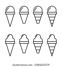 Vector illustrations of ice cream in various forms including cones, popsicle, and cup. Ice cream Icon Set. Ice Cream Vector Icon in line style design.