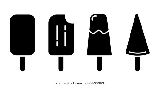 Vector illustrations of ice cream in various forms including cones, popsicle, and cup. Ice cream Icon Set. Ice Cream Vector Icon in line style design.