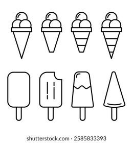 Vector illustrations of ice cream in various forms including cones, popsicle, and cup. Ice cream Icon Set. Ice Cream Vector Icon in line style design.
