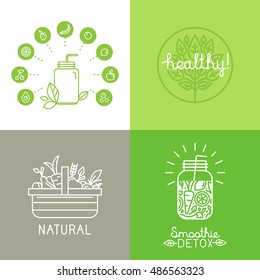 Vector illustrations and icons in mono line style with hand-lettering - smoothie and health organic food - emblems for vegetarian product packaging