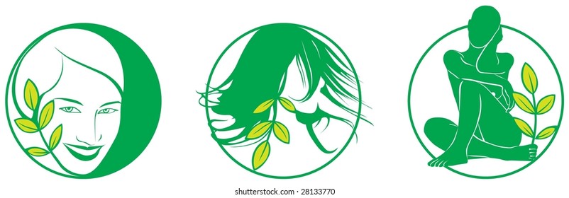 Vector illustrations: icons for natural face, hair, body, skin care.