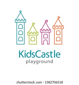 Vector illustrations with the image of a castle, towers, fortress, bastion. Flat design created by contour lines. Logo, pictogram of playground, kids zone, toy store, preschool, kindergarten, park.