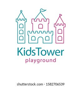 Vector illustrations with the image of a castle, towers, fortress, bastion. Flat design created by contour lines. Logo, pictogram of playground, kids zone, toy store, preschool, kindergarten, park.
