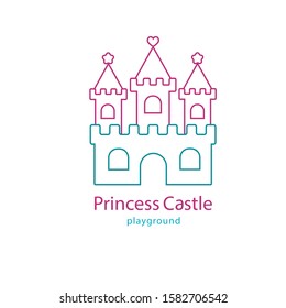 Vector illustrations with the image of a castle, towers, fortress, bastion. Flat design created by contour lines. Logo, pictogram of playground, kids zone, toy store, preschool, kindergarten, park.