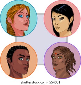 Vector illustrations of imaginary, multi-ethnic girls. These portraits are not traced, and they have no likeness to any actual person that I know of.