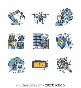 Vector illustrations of industrial machines and mechanical parts in blueprint style