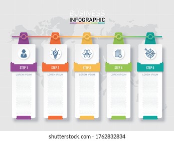 Ilustraciones vectoriales Plantilla infográfica 3d Rectangle.Concepto empresarial con 5 opciones.Flujo de trabajo, Gráfico ,Diagrama.