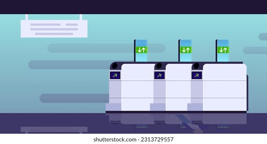 Vector illustrations of inside empty baffle gate or turnstile as passinggate for traffic in metro or subway as rapid transit urban public transport. Train for transporting metro passengers in modern