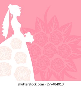 Vector illustrations of invitation to the wedding with the bride's silhouette against the background of a wedding bouquet