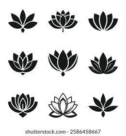 Vector illustrations isolated on a white background. Can be used as an icon, sign, or symbol for yoga, meditation, and spa salons. Elegant lotus silhouettes for branding and design