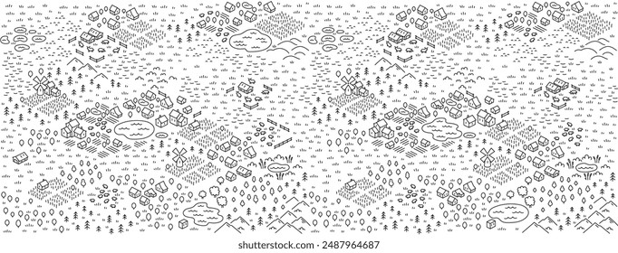 Vector Illustrations of isometry countryside village. Meadows fields wheat mill. Area map sketch. Vector editable outline line stroke.