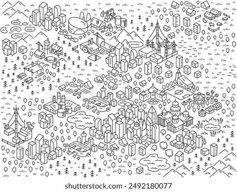 Ilustraciones vectoriales de isometría ciudad moderna. Esbozo del mapa de área. Vector trazo de línea de contorno editable.